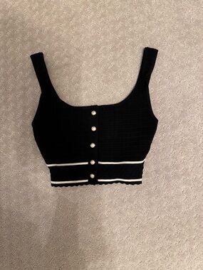 Aritzia Black Cropped Knit Tank with White Trim and Pearl Buttons